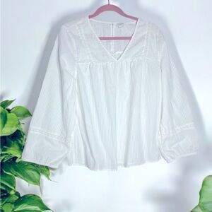 J CREW OVERSIZED BOHO SWISS DOT SPLIT NECK WHITE  TUNIC- TOP XL LONG SLEEVE